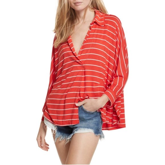 Free People Tops - We The Free People Oversize Pullover Top Sz Medium Red Striped Slouchy Soft Cozy